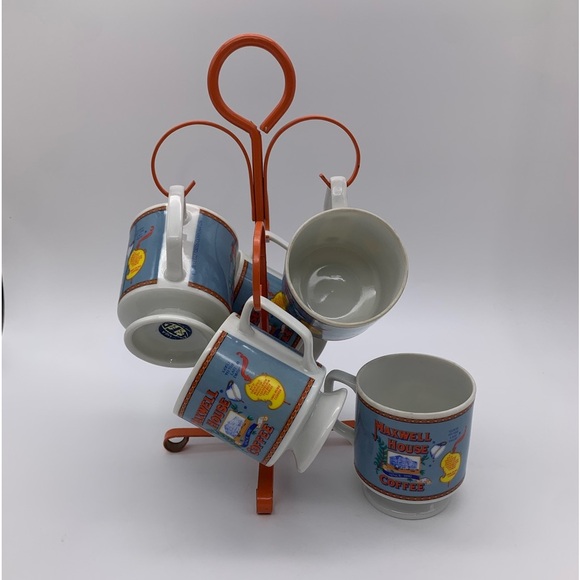 Vtg. Retro HTF 6pcs MAXWELL HOUSE 7 Oz Coffee Cups With Original Metal Holder - Picture 1 of 12